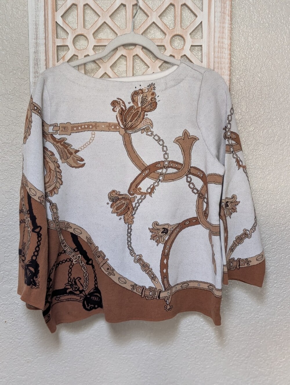 Chico's Equestrian Jacquard Pullover Sweater Size 2 Petite (LG Pet) 3/4 Sleeve